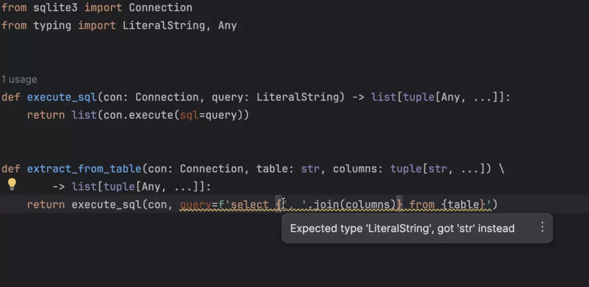 Jetbrains PyCharm PEP 675：LiteralString